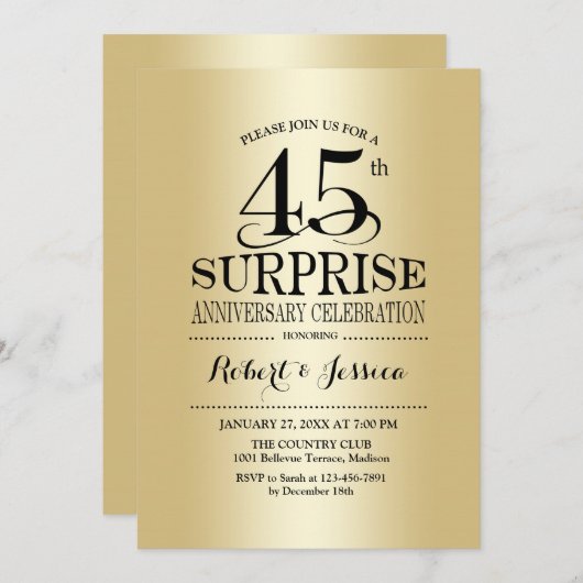 Invitation Surprise 45e anniversaire de mariage - Or (Devant / Derrière)