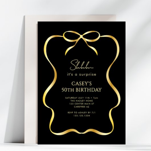 Invitation surprise 50 ans avec ruban bow doré