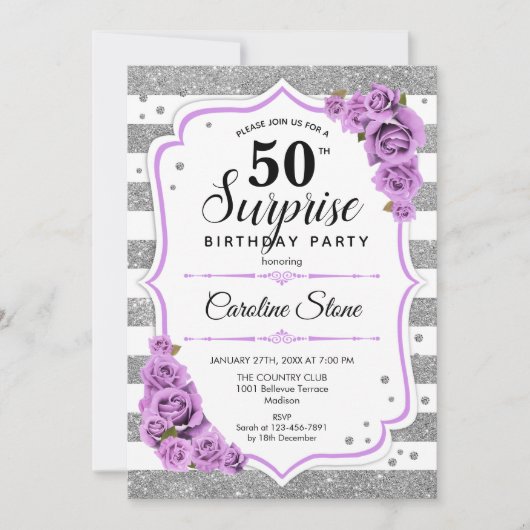 Invitation Surprise 50e anniversaire - Argent blanc violet (Devant)