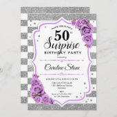 Invitation Surprise 50e anniversaire - Argent blanc violet (Devant / Derrière)