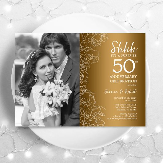 Invitation Surprise 50e anniversaire avec photo - Blanc Or