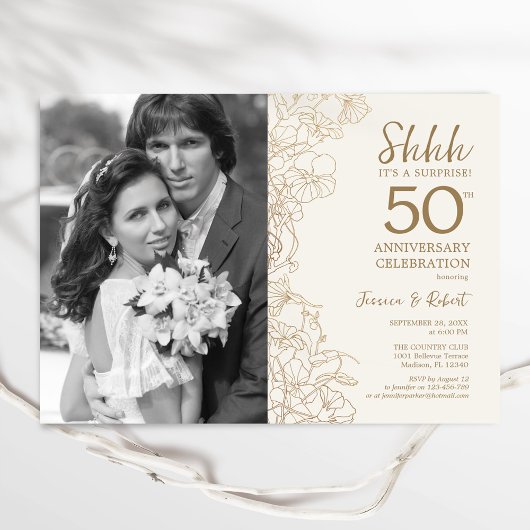 Invitation Surprise 50e anniversaire avec photo - Gold Floral