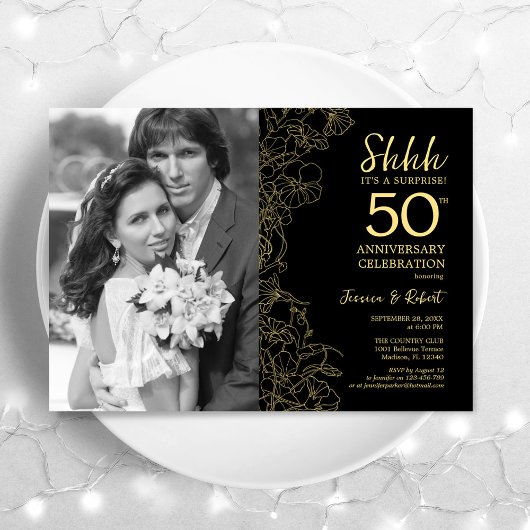 Invitation Surprise 50e anniversaire avec photo noir or