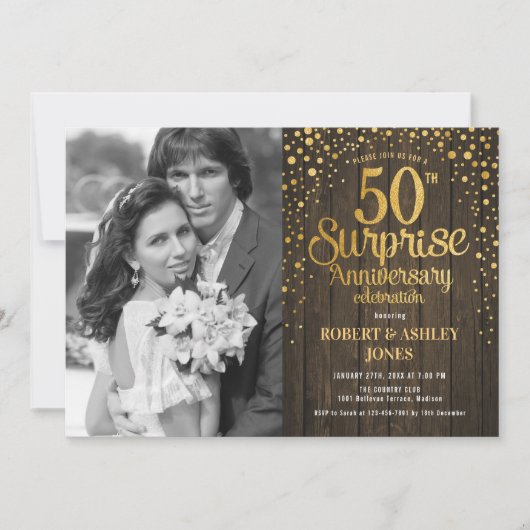 Invitation Surprise 50e anniversaire avec photo - Or Bois (Devant)