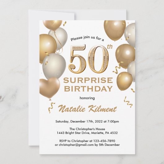 Invitation Surprise 50e anniversaire Ballons blanc et or (Devant)