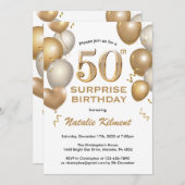 Invitation Surprise 50e anniversaire Ballons blanc et or (Devant / Derrière)