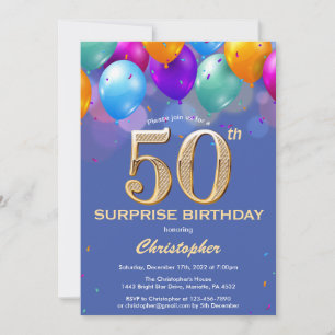 Invitation Surprise 50e anniversaire Ballons bleu et or