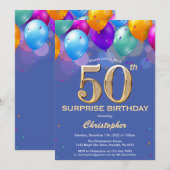 Invitation Surprise 50e anniversaire Ballons bleu et or (Devant / Derrière)