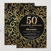 Invitation Surprise 50e anniversaire Black and Gold Floral (Devant / Derrière)