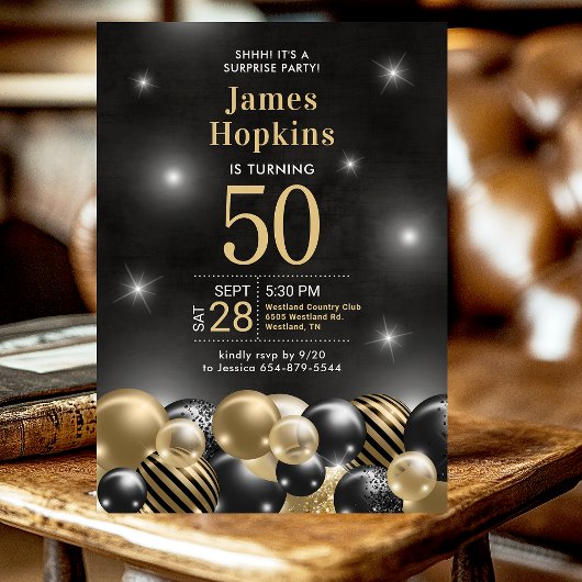 Invitation Surprise 50e anniversaire Black Gold Balloons Part