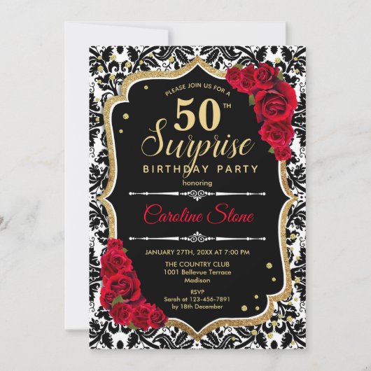 Invitation Surprise 50e anniversaire - Black Gold Red Invitat (Devant)