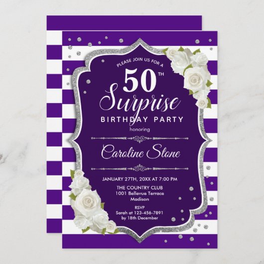 Invitation Surprise 50e anniversaire - Blanc d'argent violet (Devant / Derrière)