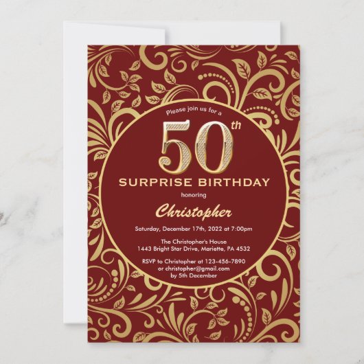 Invitation Surprise 50e anniversaire Bourgogne Rouge & Or Flo (Devant)