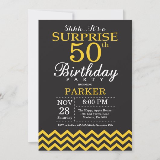 Invitation Surprise 50e anniversaire Chevron noir et jaune (Devant)