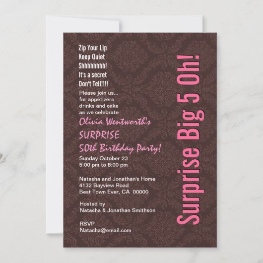 Invitation SURPRISE 50e anniversaire Chocolat moderne et rose (Devant)