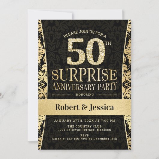 Invitation Surprise 50e anniversaire de la fête - Gold Black (Devant)