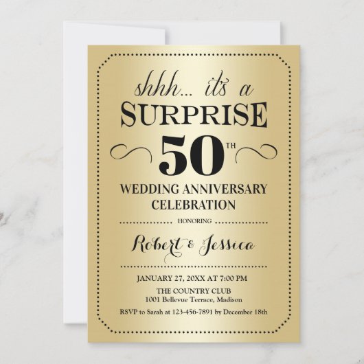 Invitation Surprise 50e anniversaire de mariage - Or Noir (Devant)