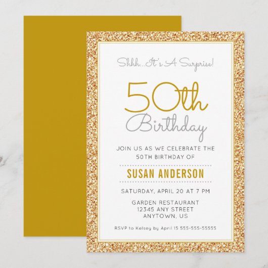 Invitation Surprise 50e anniversaire Faux Gold Parties scinti (Devant / Derrière)