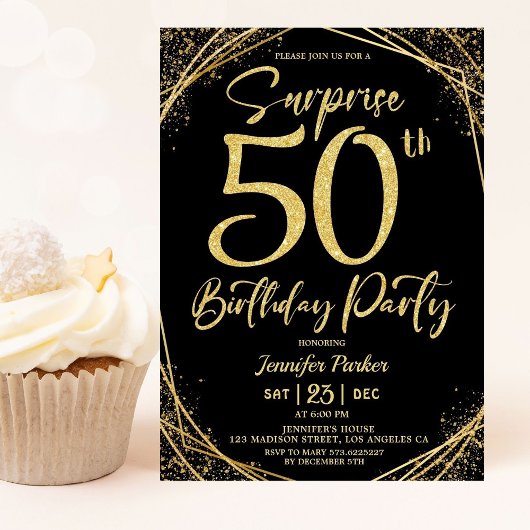 Invitation Surprise 50e anniversaire fête Chic Black & Gold