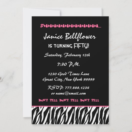 Invitation SURPRISE 50e anniversaire Fête moderne Zebra (Dos)