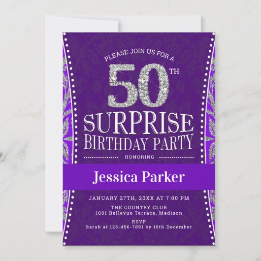 Invitation Surprise 50e anniversaire fête - Silver Purple (Devant)
