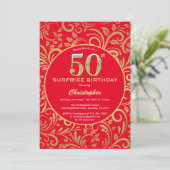 Invitation Surprise 50e anniversaire Floral rouge et or (Debout devant)