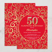 Invitation Surprise 50e anniversaire Floral rouge et or (Devant / Derrière)