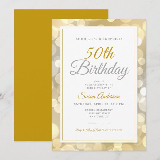 Invitation Surprise 50e anniversaire | Gold Bokeh (Devant / Derrière)