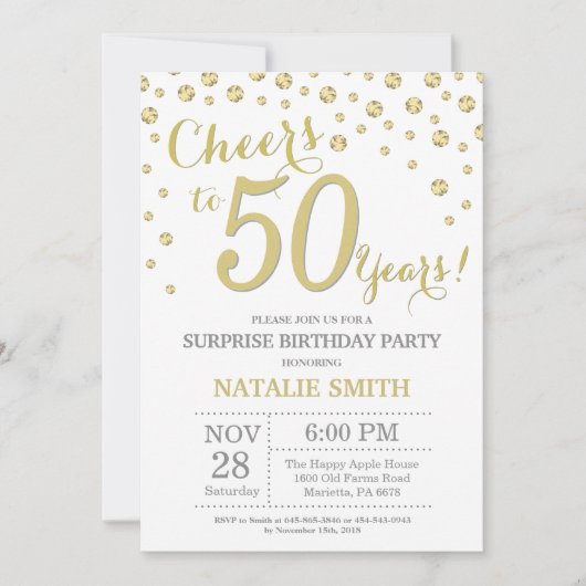 Invitation Surprise 50e anniversaire Gold Parties scintillant (Devant)