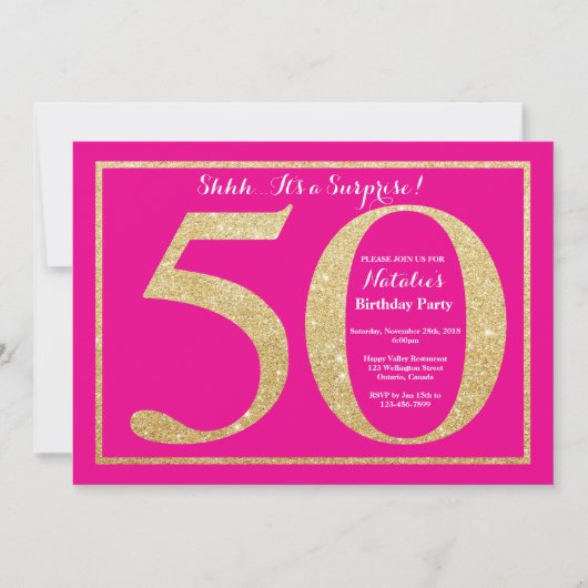 Invitation Surprise 50e anniversaire Hot rose et Parties scin (Devant)