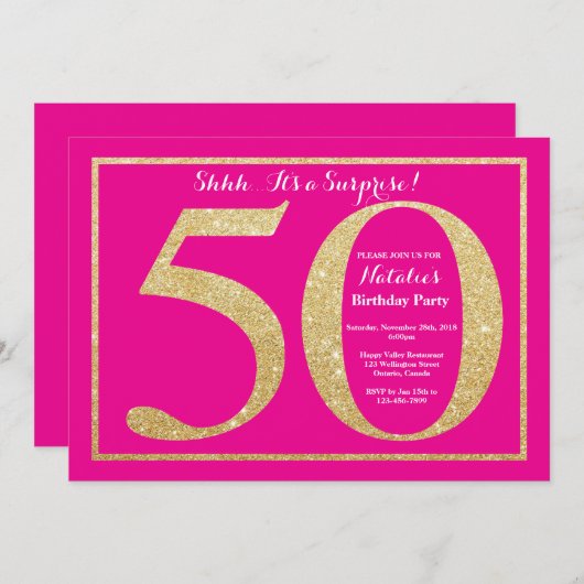 Invitation Surprise 50e anniversaire Hot rose et Parties scin (Devant / Derrière)