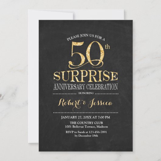 Invitation Surprise 50e anniversaire Mariage Chalkboard Gold (Devant)