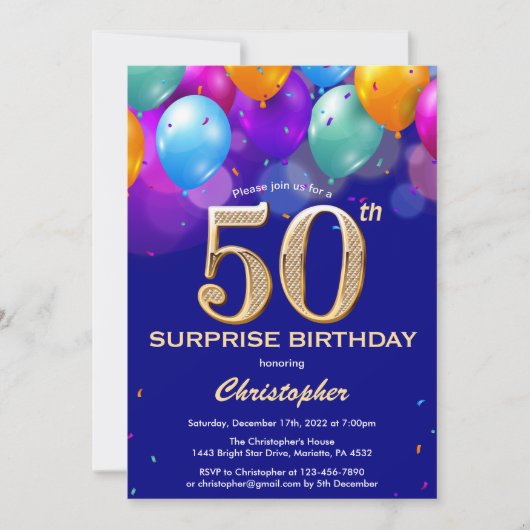 Invitation Surprise 50e anniversaire Marine Bleu et Ballons d (Devant)
