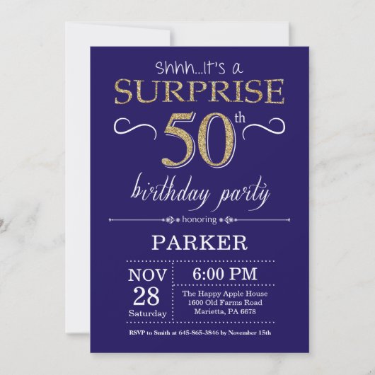Invitation Surprise 50e anniversaire Marine Blue and Gold Par (Devant)