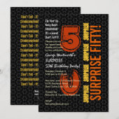 Invitation SURPRISE 50e anniversaire moderne Black Gold Orang (Devant / Derrière)