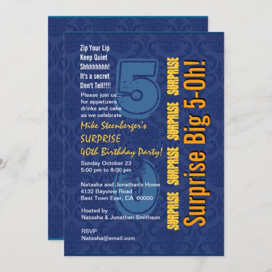 Invitation SURPRISE 50e anniversaire moderne Blue and Gold R4 (Devant / Derrière)