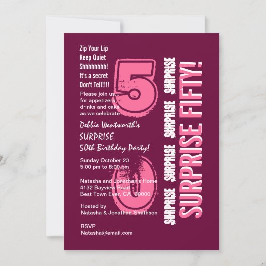 Invitation SURPRISE 50e Anniversaire moderne Vin Bourgogne ro (Devant)