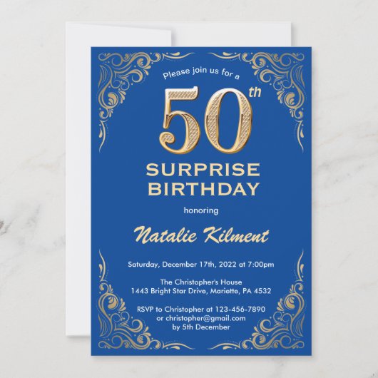 Invitation Surprise 50e anniversaire Parties scintillant bleu (Devant)