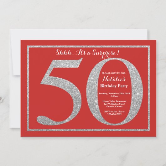 Invitation Surprise 50e anniversaire Parties scintillant roug (Devant)