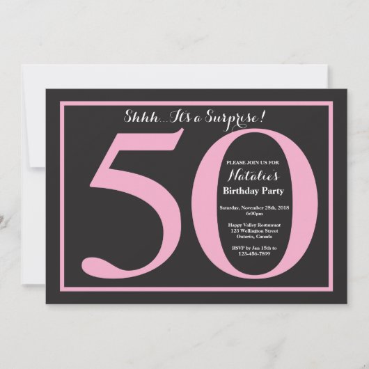 Invitation Surprise 50e anniversaire Pink and Black Chalkboar (Devant)