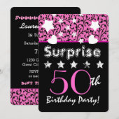 Invitation SURPRISE 50e anniversaire Pink Swirls Hearts Stars (Devant / Derrière)