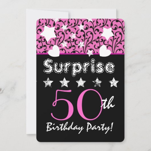 Invitation SURPRISE 50e anniversaire Pink Swirls Hearts Stars (Devant)