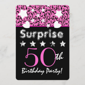 Invitation SURPRISE 50e anniversaire Pink Swirls Hearts Stars