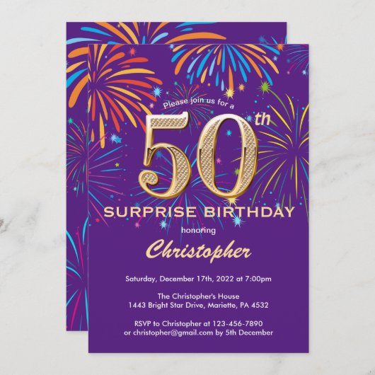 Invitation Surprise 50e anniversaire Purple and Gold Firework (Devant / Derrière)