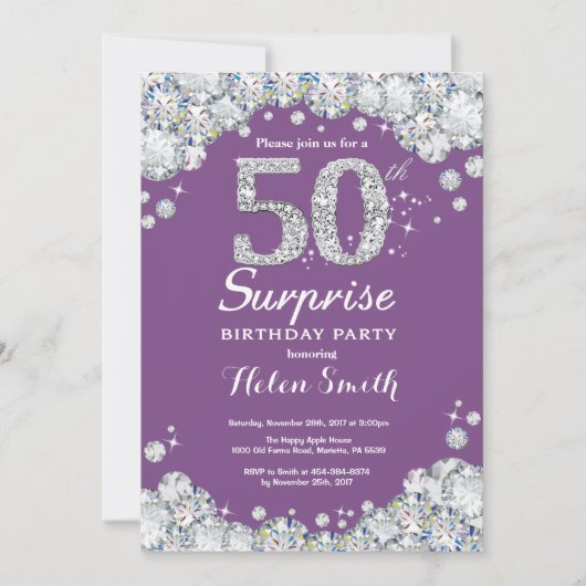 Invitation Surprise 50e anniversaire Purple et Silver Diamond (Devant)