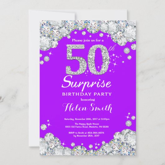 Invitation Surprise 50e anniversaire Purple et Silver Diamond (Devant)