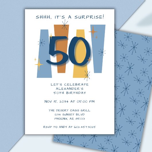 Invitation Surprise 50e anniversaire Retro Midsiècle bleu