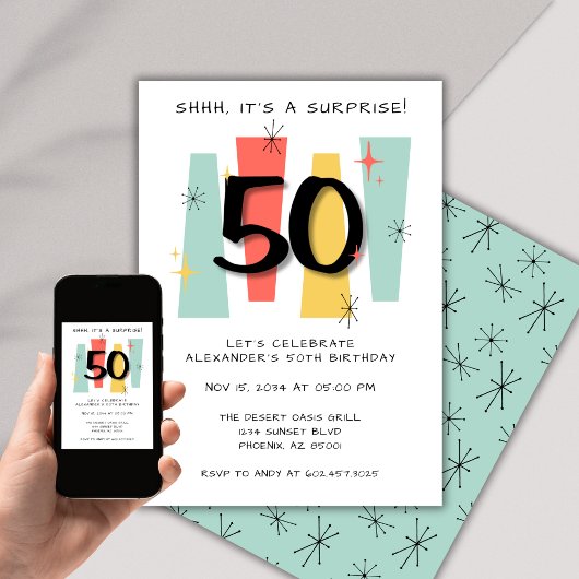 Invitation Surprise 50e anniversaire Retro Midsiècle moderne