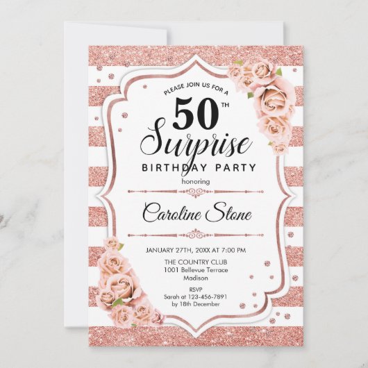 Invitation Surprise 50e anniversaire - Rose Gold White Rose (Devant)
