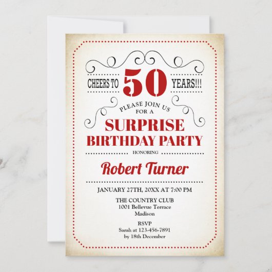Invitation Surprise 50e anniversaire - Rouge Blanc Noir (Devant)
